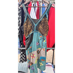 Hippie Dress Size L Women's Patchwork Floral Sun Dress Midi Sleeveless NEPAL